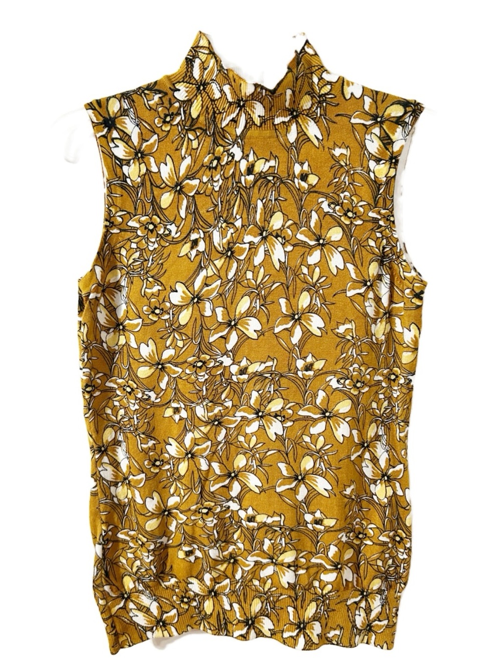 Cable & Gauge Mustard Yellow Floral Sleeveless Mock Neck Knit Top Size S